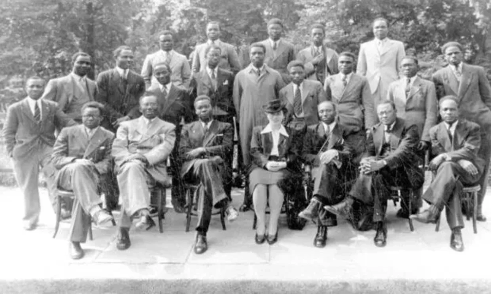 Delegates at the Fifth Pan-African Congress, Manchester, 1945, seated and standing for a group portrait outdoors
