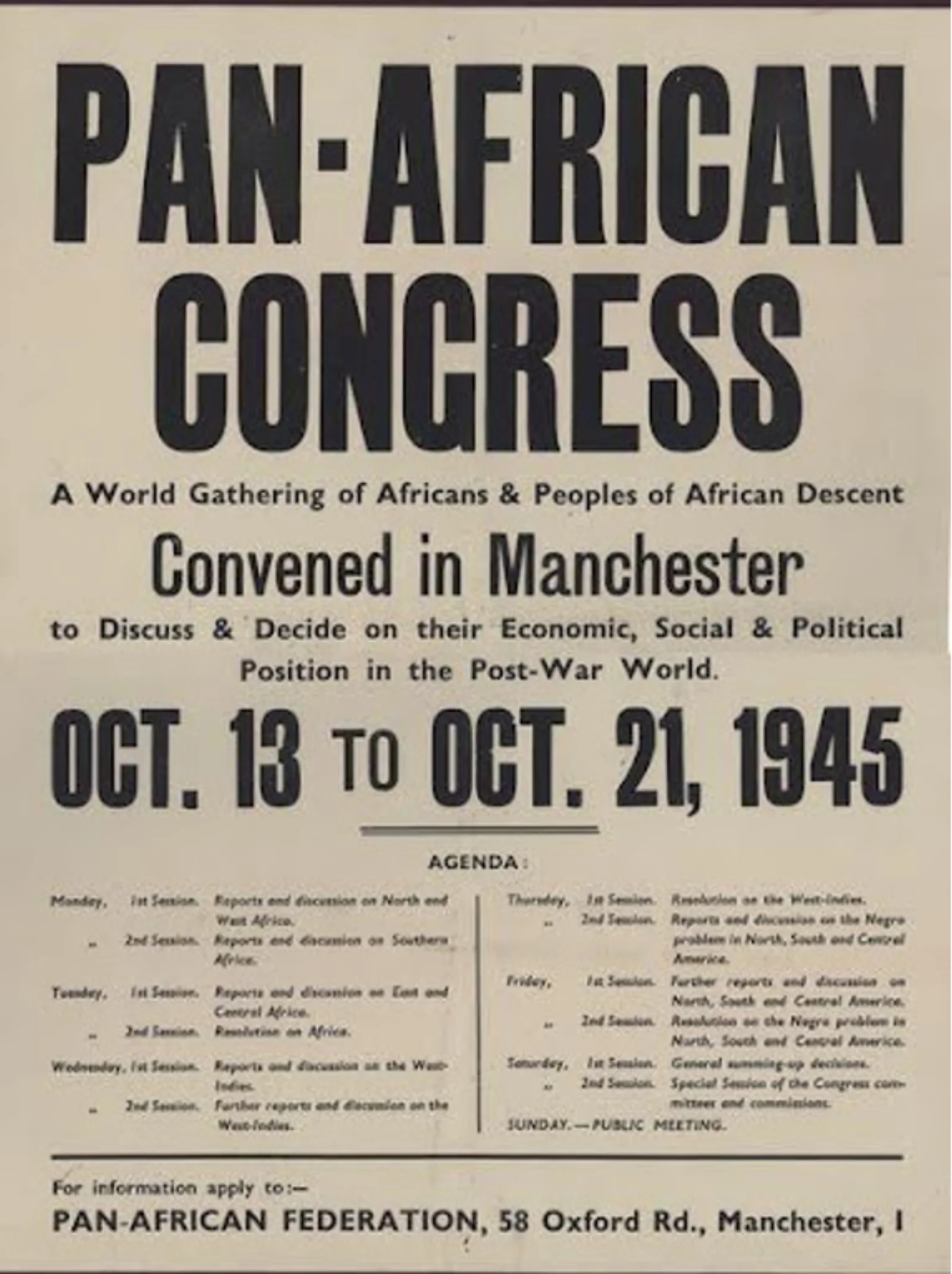 Pan-African Congress programme poster: a world gathering of Africans and peoples of African descent, convened in Manchester, 13 to 21 October 1945